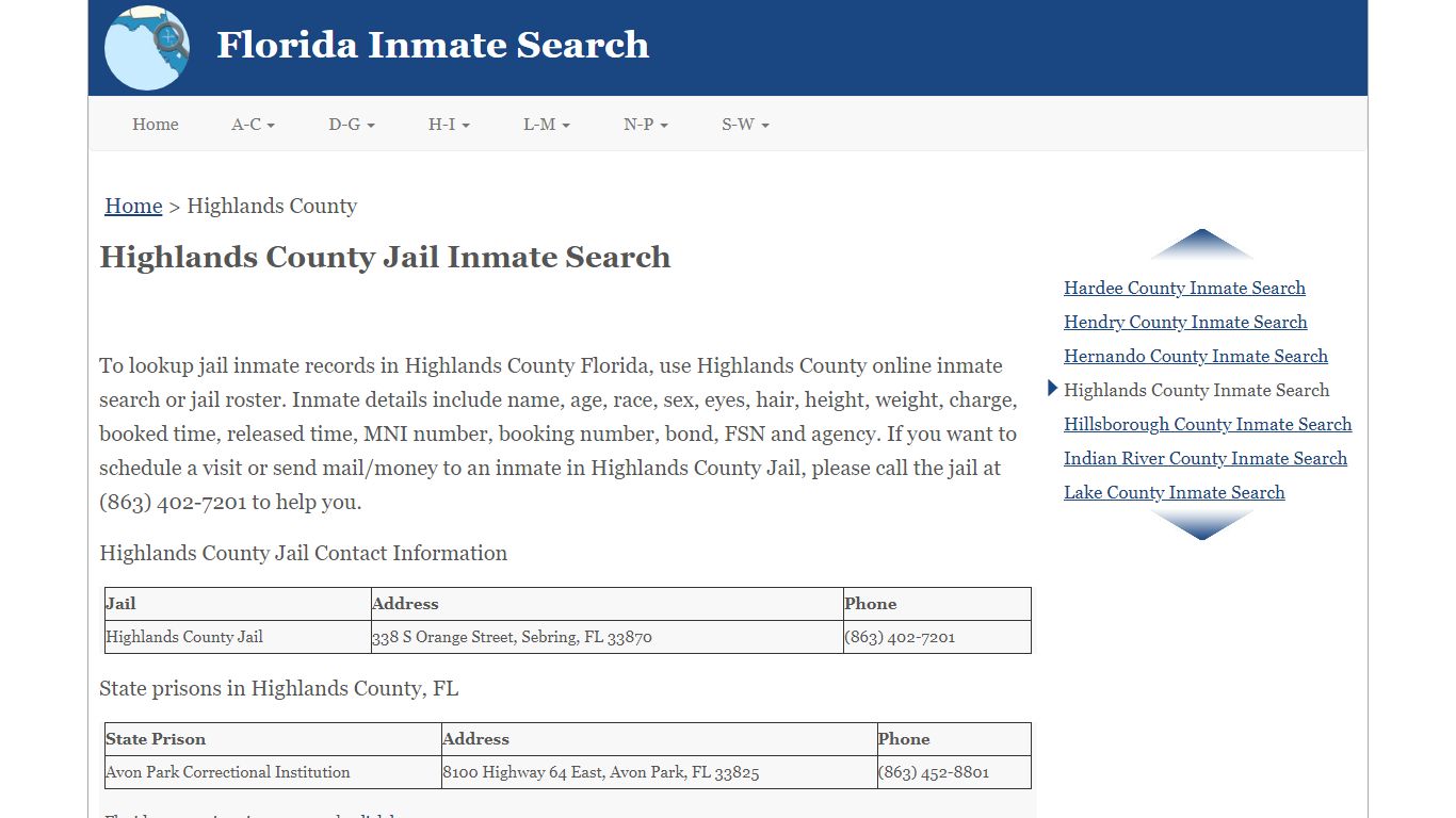 Highlands County FL Jail Inmate Search